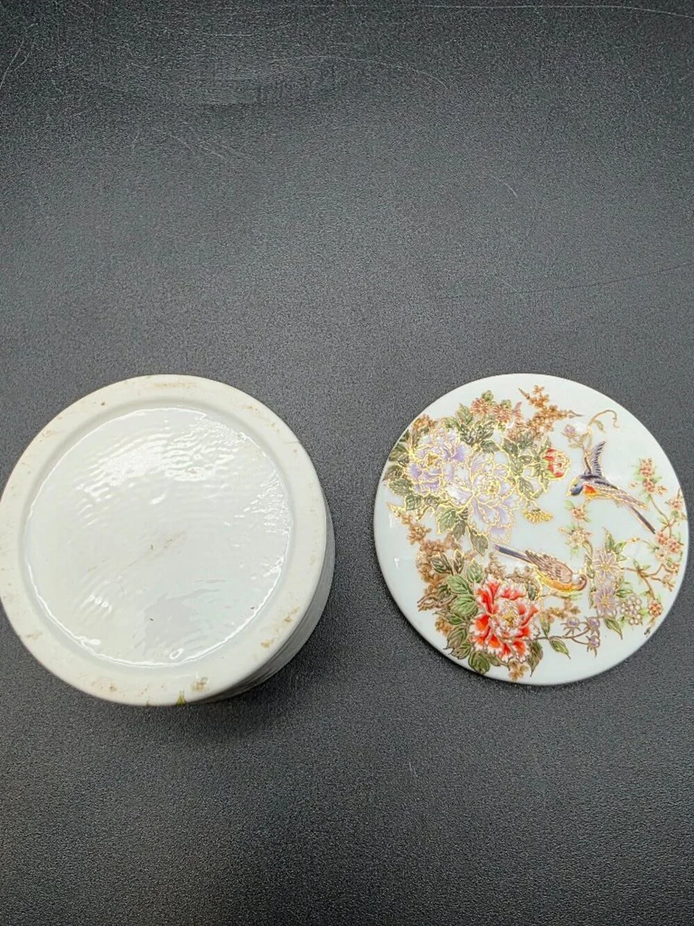 Vintage Japan Porcelain Trinket Box Birds & Floral Hand Painted Oval Lid